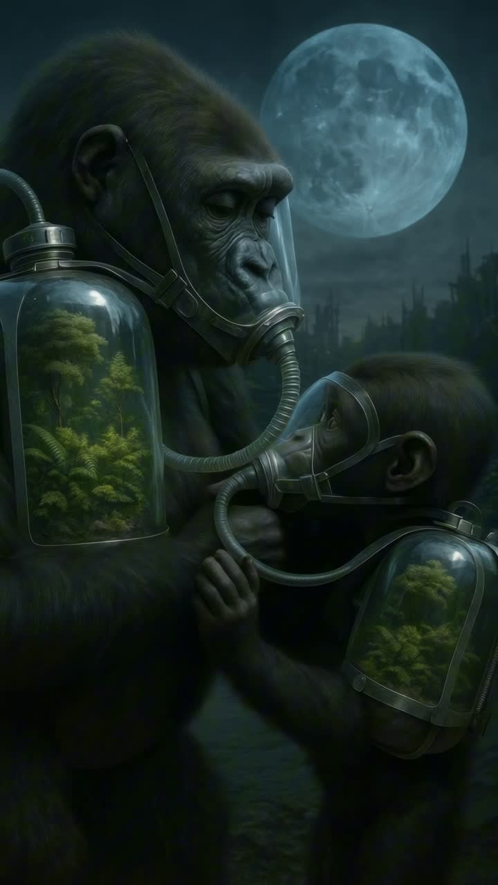 A surreal video concept featuring gorillas in gas masks, holding terrariums