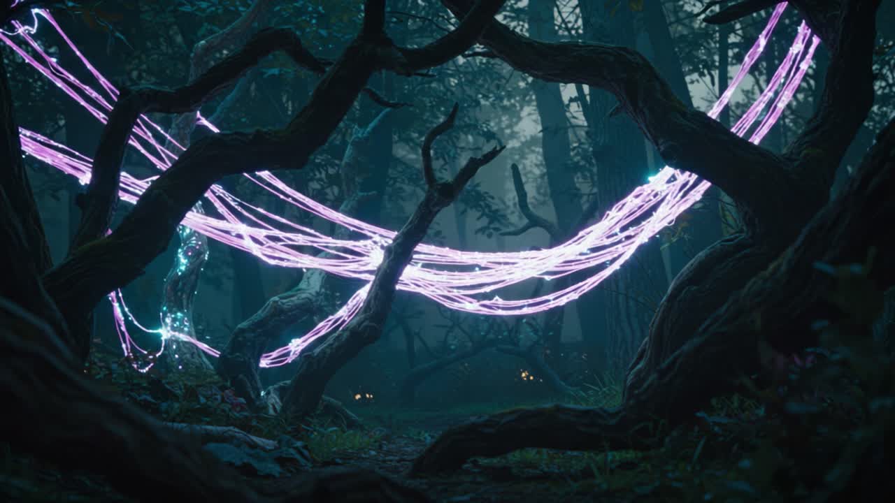 A Mystical Forest Transformation Captured: Ethereal Light Trails Flowing Through Twisted Trees in a Surreal Nightscape, Invoking Wonder and Enchantment