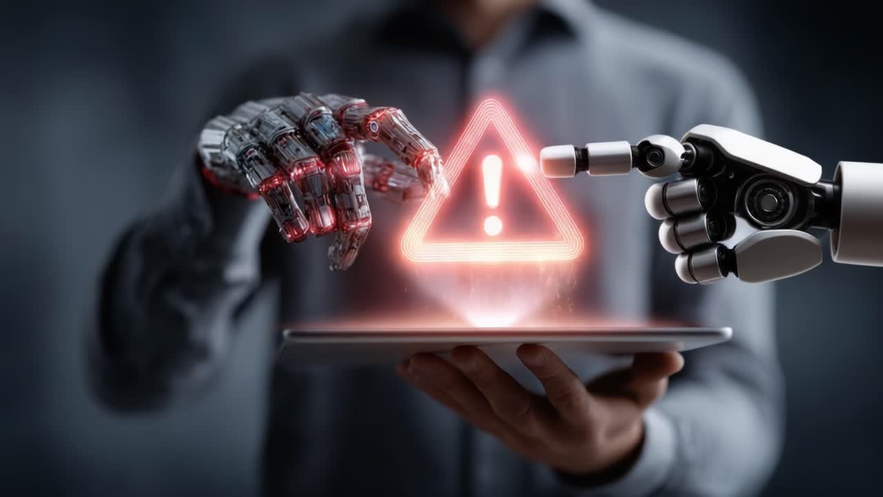 A dramatic encounter between two robotic hands interacting with a caution symbol, highlighting the blend of technology and alertness in a digital landscape