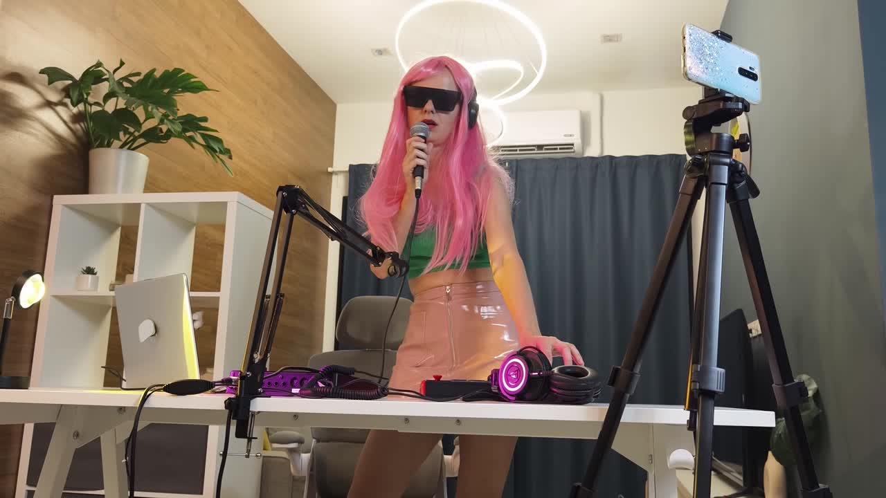 Woman singing and streaming online