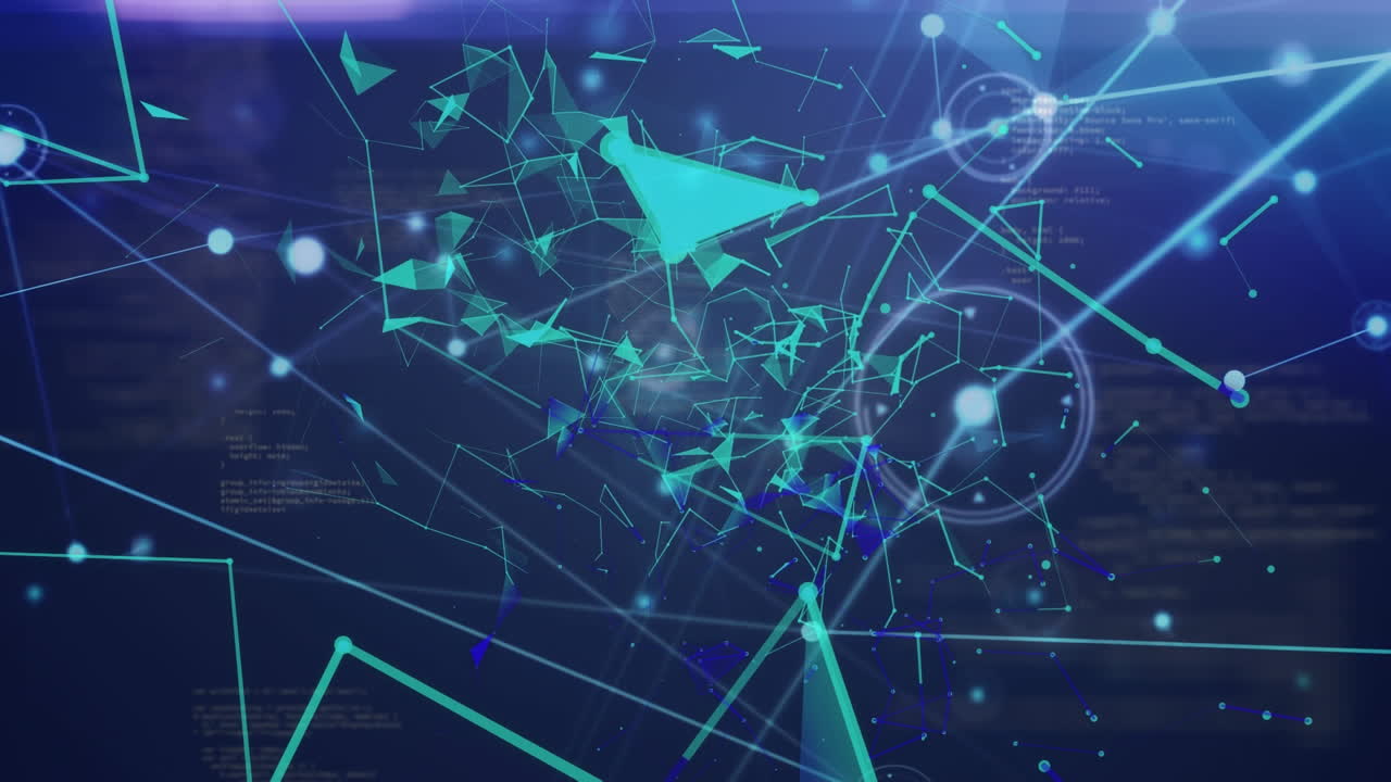 녹색 삼각형의 애니메이션, 연결 네트워크 및 데이터 처리