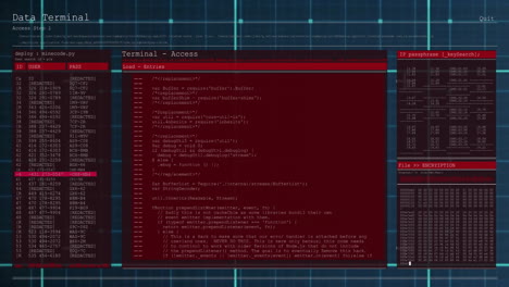 Animation of digital data processing over screens on dark background