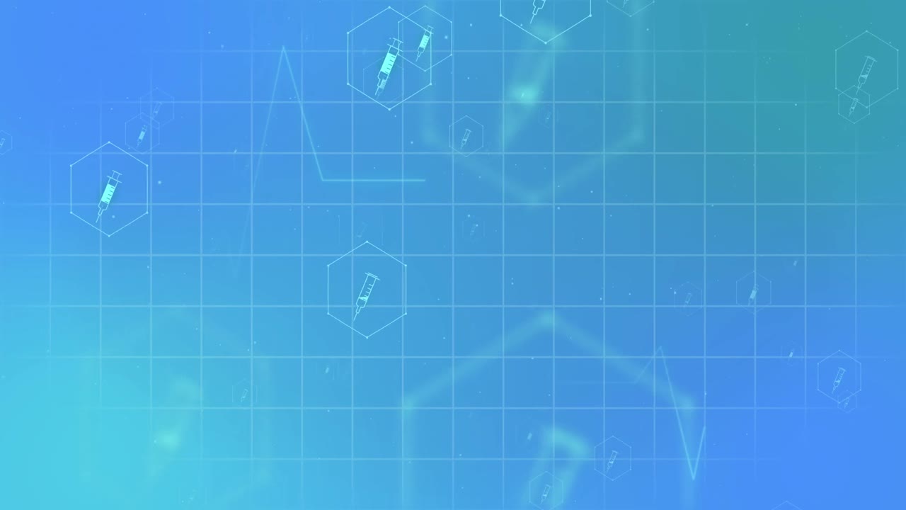 의료 주사기 아이콘의 애니메이션과 파란색 배경의 그리드 상의 데이터 처리