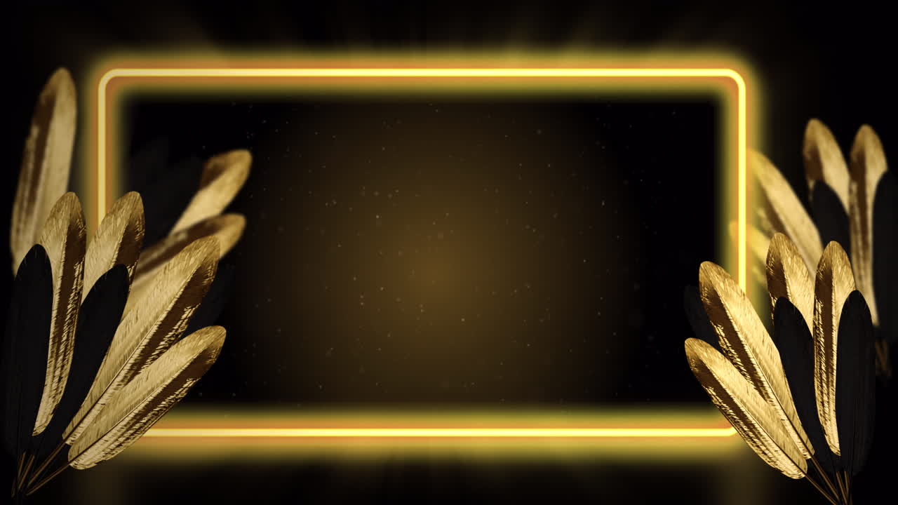 갈색 배경에 노란색 네온 프레임으로 황금색 열대 잎의 애니메이션