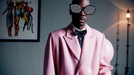 fashionable male model wearing pink suit and bow tie, adjusting sparkling diamond studded sunglasses, embodying contemporary luxury and confident personal style in studio setting