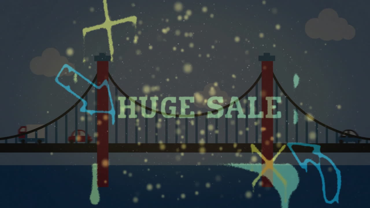 Huge sale text animation over bridge with colorful abstract shapes and sparkles