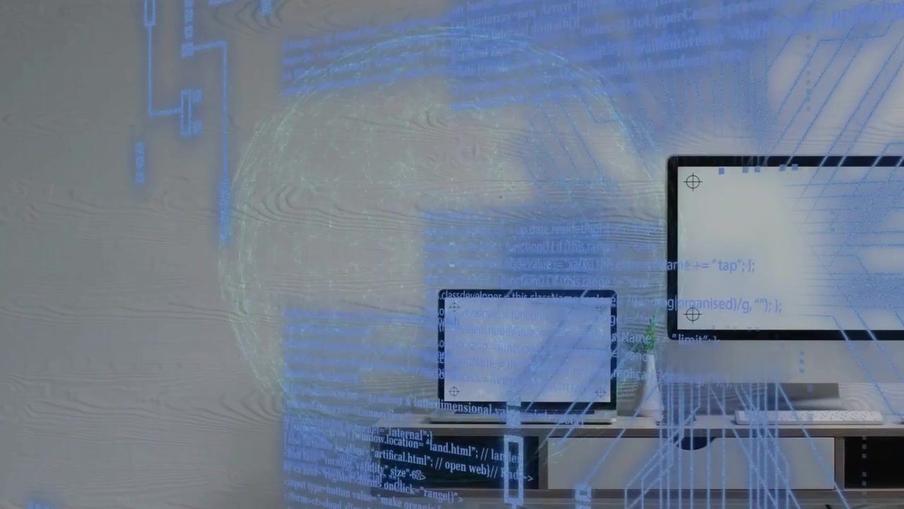 Holo globe appearing, circuits reaching laptop monitor, data flowing, showing net traffic