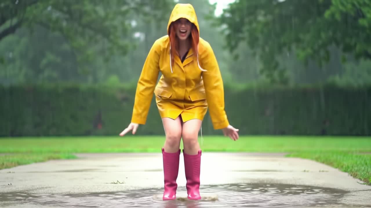 Child in Yellow Raincoat Jumps in Puddles on a Rainy Day in the Park
