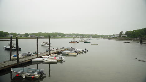 marina in maine with dingy and lobster fishing boats and seagull 4k 60p