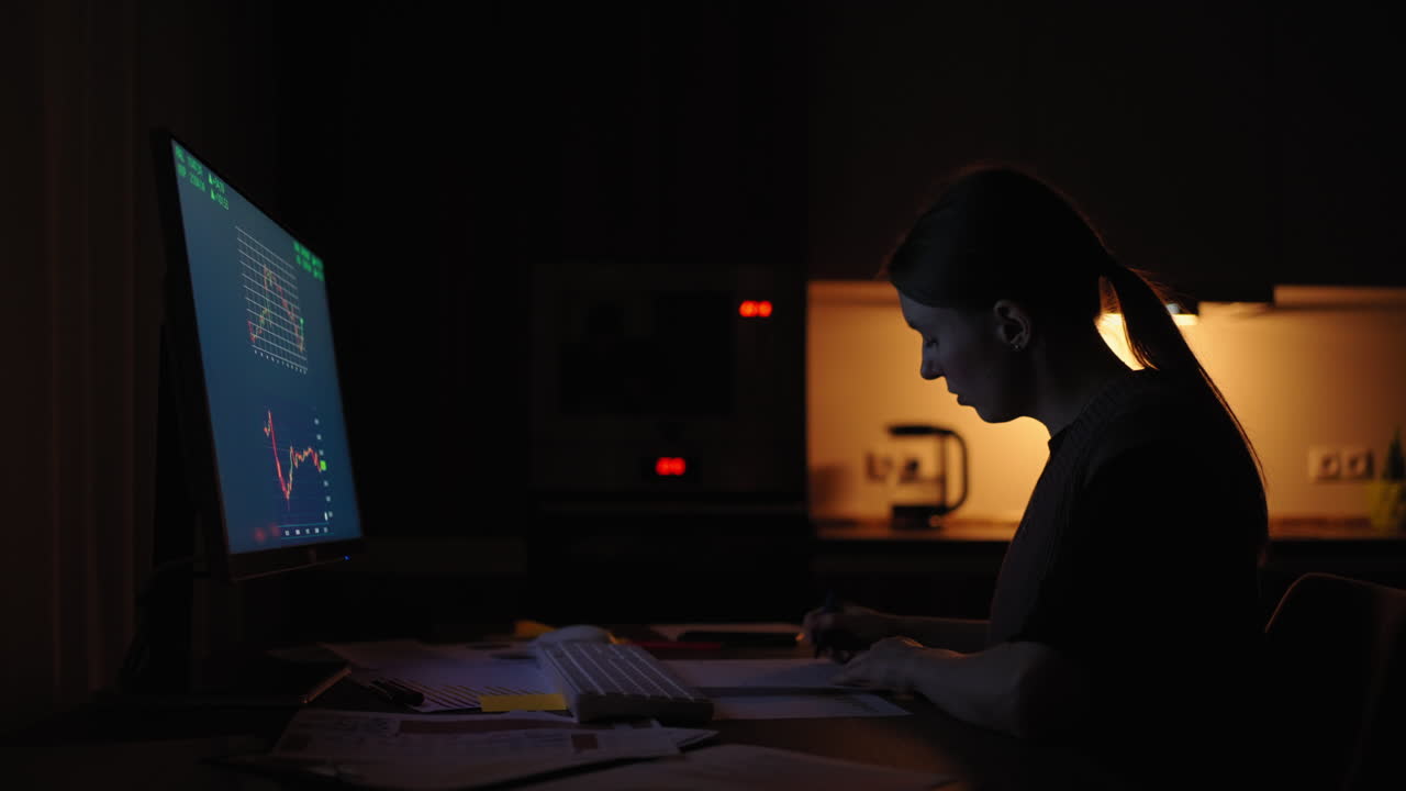 Portrait of a Financial Analyst Working on Computer with Monitor Workstation with Real-Time Stocks Commodities and Exchange Market Charts
