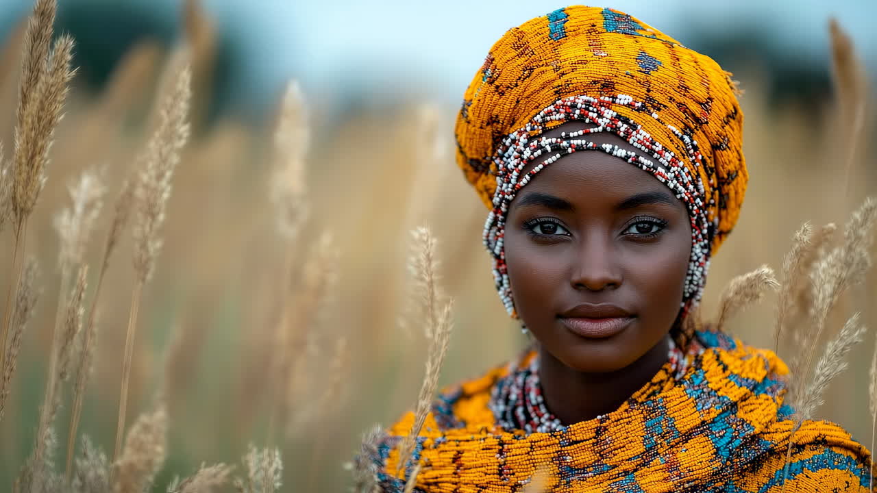 African woman in traditional beaded clothing and headwrap. Close-up portrait of an African woman wearing yellow and blue beaded garments standing in a field of dry grass