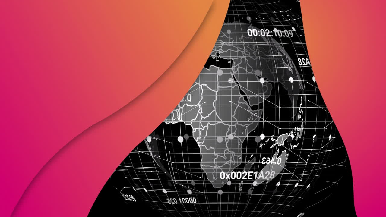 Animation of abstract globe with data points over vibrant pink and orange shapes