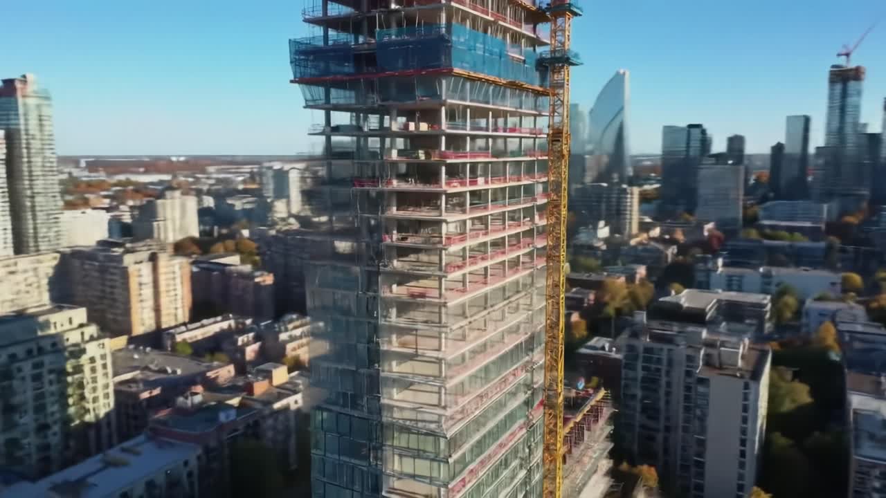 Aerial Views of a Modern Skyscraper Construction Project Showcasing Progress and Urban Development Amidst a Vibrant City Landscape