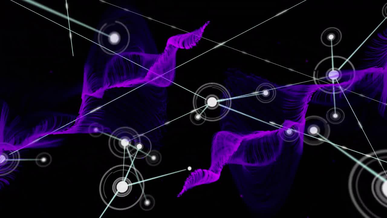 animación de la red de conexiones sobre una onda digital púrpura brillante contra un fondo negro.