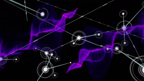 Animation-of-network-of-connections-over-glowing-purple-digital-wave-against-black-background