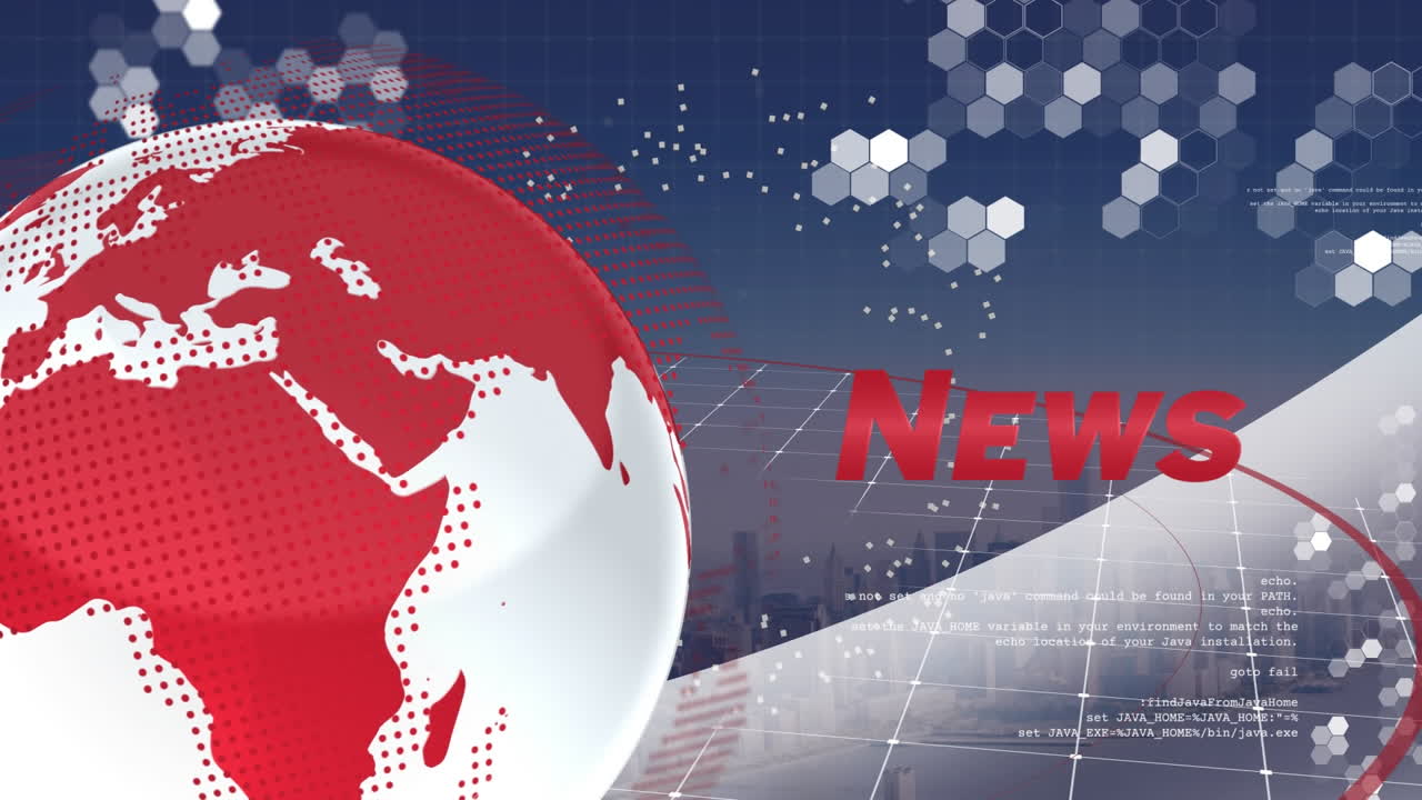 анимация новостного текстового баннера, вращающегося глобуса и обработка данных на фоне воздушного изображения городского пейзажа