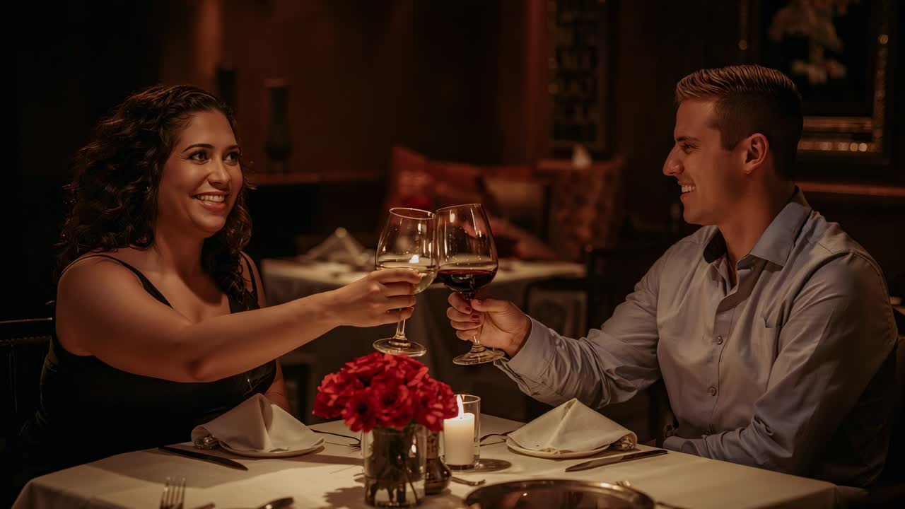 Donna sorridente in abito nero alza i calici verso un uomo che ricambia, brindando in un ristorante illuminato a lume di candela