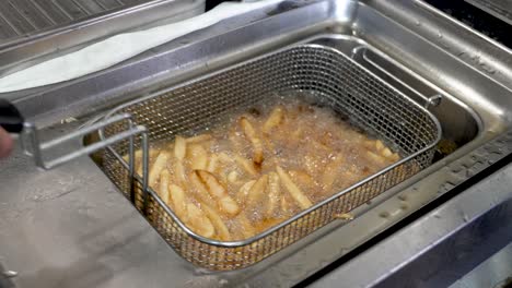 crispy fries cooking in hot oil at a busy kitchen during lunchtime rush