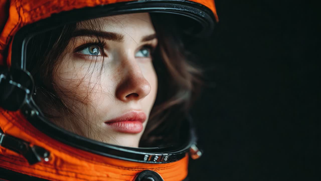 A close-up portrait of a young woman wearing an orange astronaut helmet, showcasing her expressive eyes and thoughtful demeanor against a dark backdrop