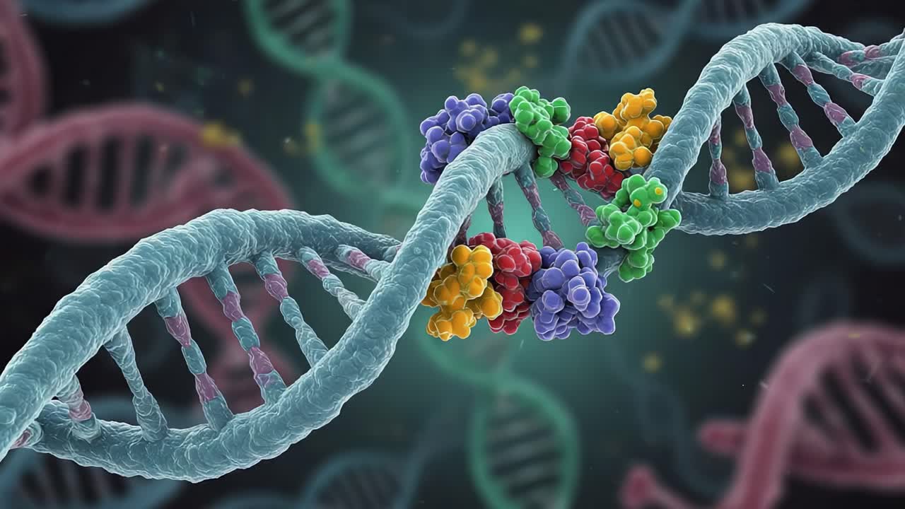 Intricate Visualization of DNA Structure Highlighting Molecular Interactions and Colorful Protein Complexes in a Scientific Exploration of Genetic Composition