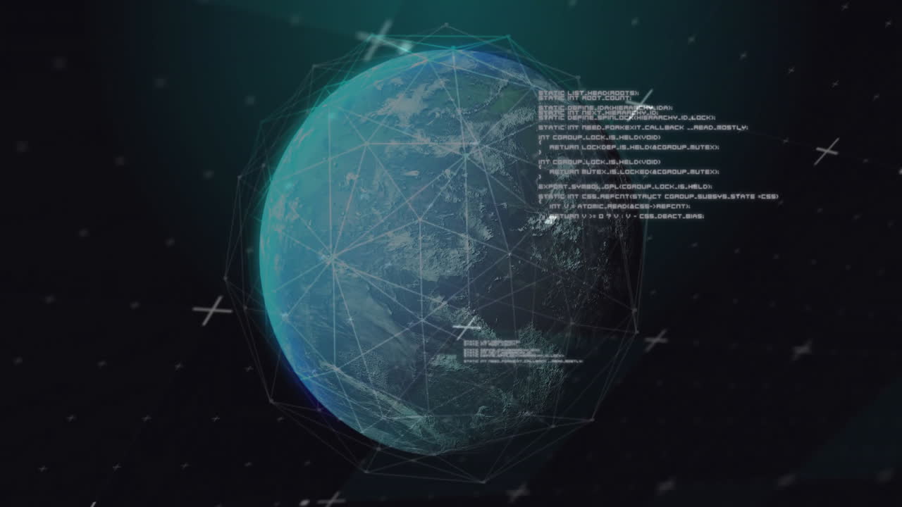 Animation of network of connections over globe and data processing