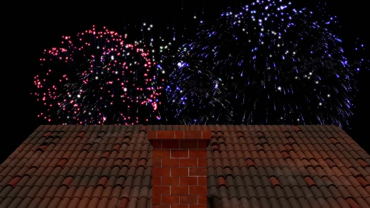 Animation af fyrværkeri, der eksploderer over hustag og skorsten