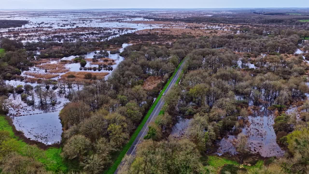 Bird's-eye view of the vast wetlands of the Great Brière Regional Natural Park, France