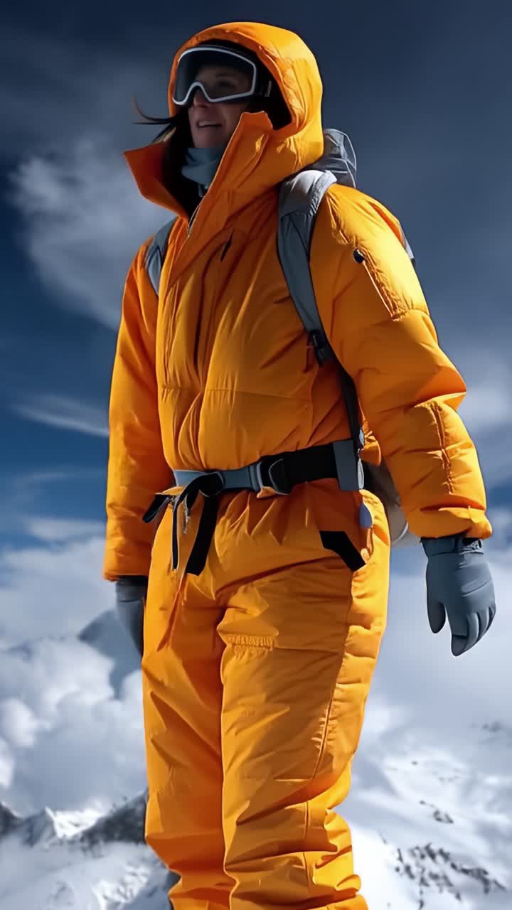Bright orange suit against snowy peaks. Determined gaze meets the camera. Backpack and goggles hint at extreme conditions. Cold mountain air surrounds the climber