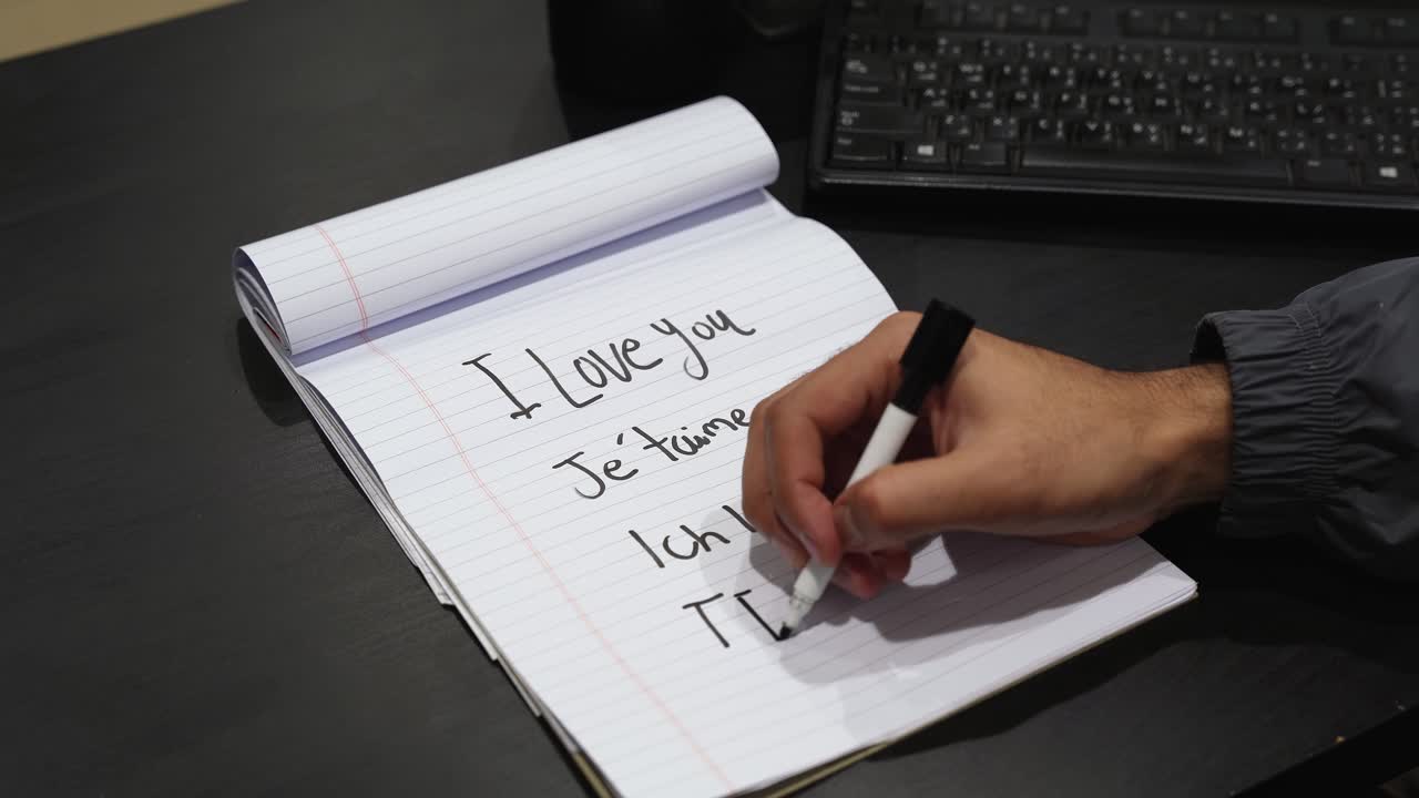 Close-up of a hand writing “I love you” in multiple languages in a lined notebook on an office desk near a keyboard, adding a heart with marker under soft indoor light