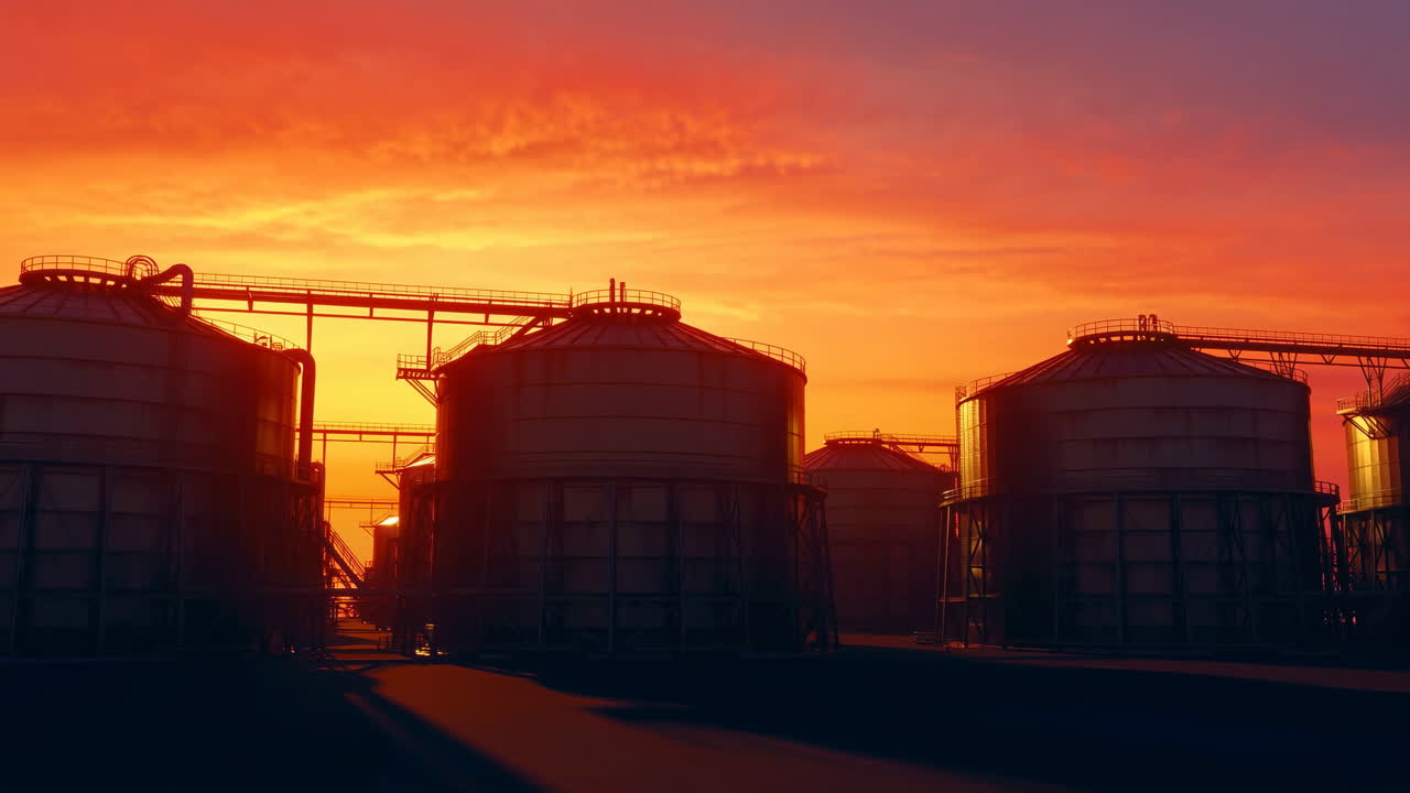 Industrie-Silos als Silhouette vor einem dramatischen Sonnenuntergangshimmel