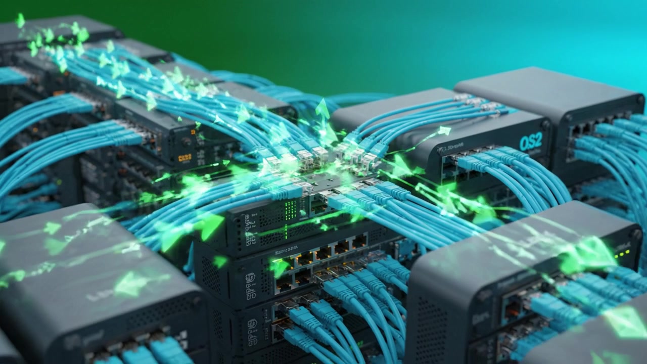 Dynamic Network Infrastructure Visualization: A Close View of Interconnected Data Switches and Flowing Cables in a Modern Digital Environment