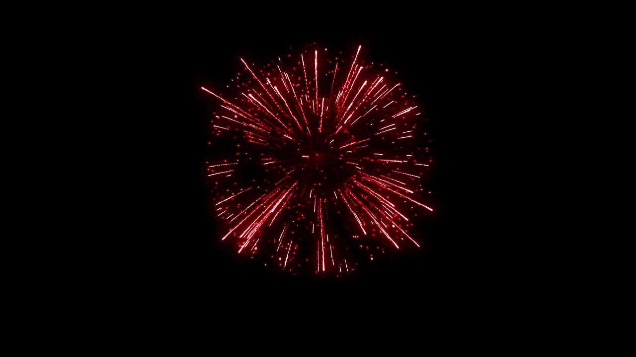 Fuoco d'artificio sferico rosso che esplode su sfondo nero. Perfetto per Capodanno, il 4 luglio o sovrapposizioni per festività. Isolato