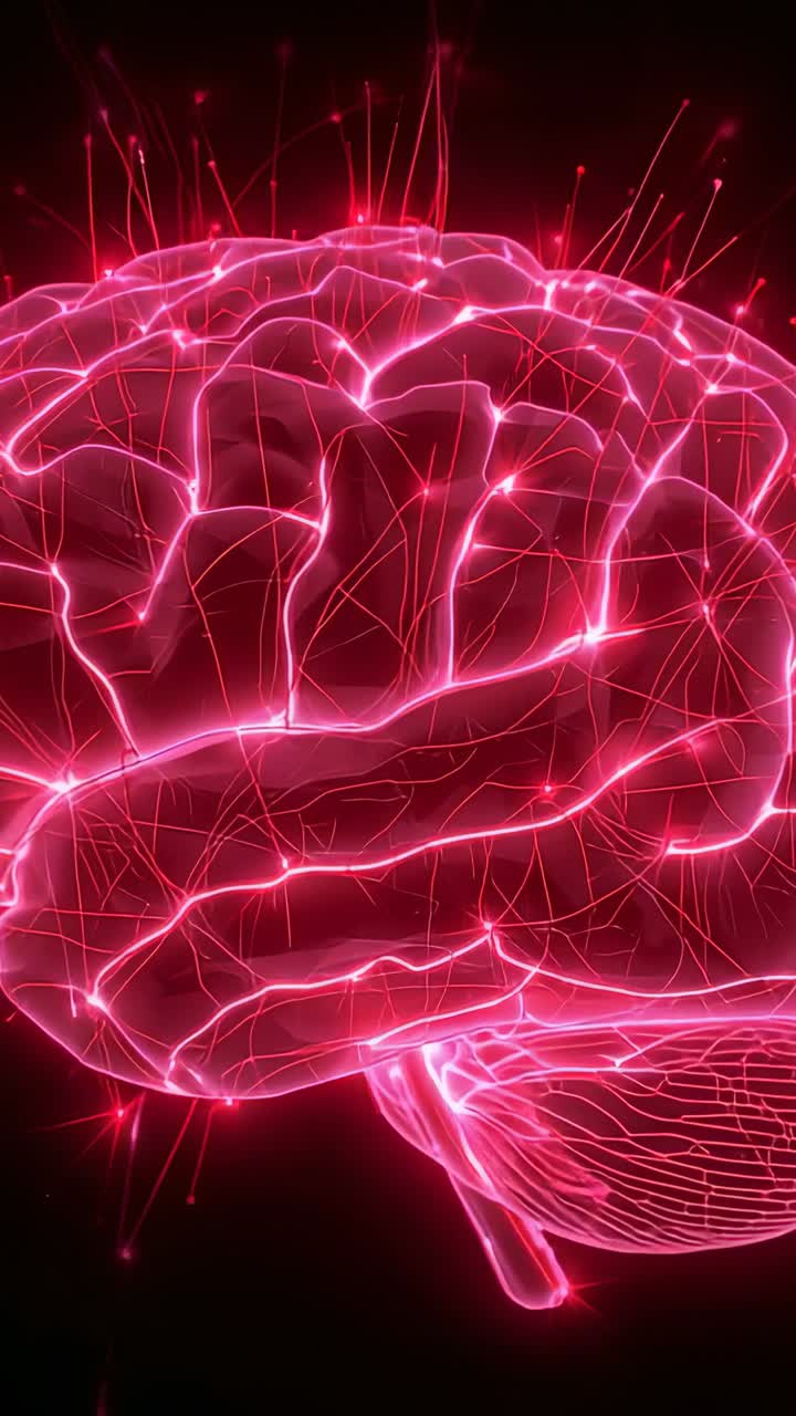 Vertical video: Pulsing neon brain reacting to brightness rise in dark void, showing synapse nodes
