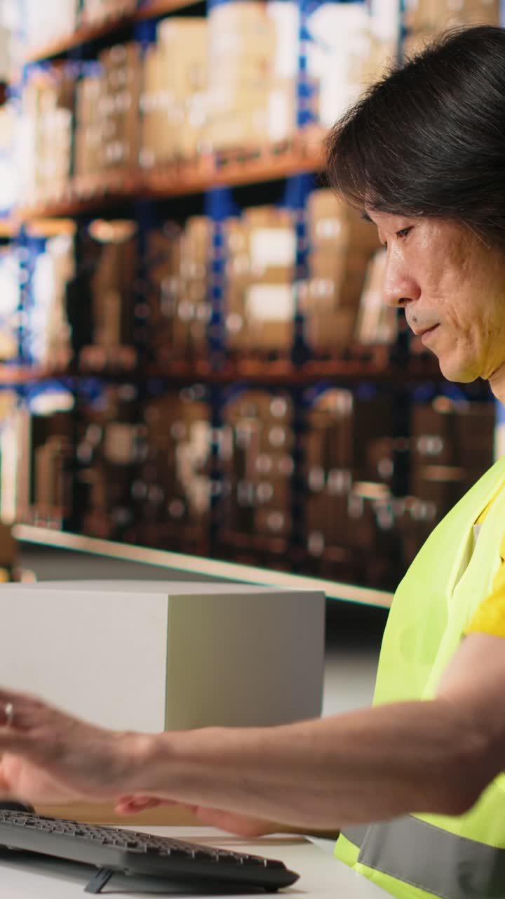 Vertical Video Distribution hub staff printing and applying awb labels on packages