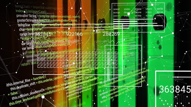 Animation of interface with data processing and network of connections against computer server room