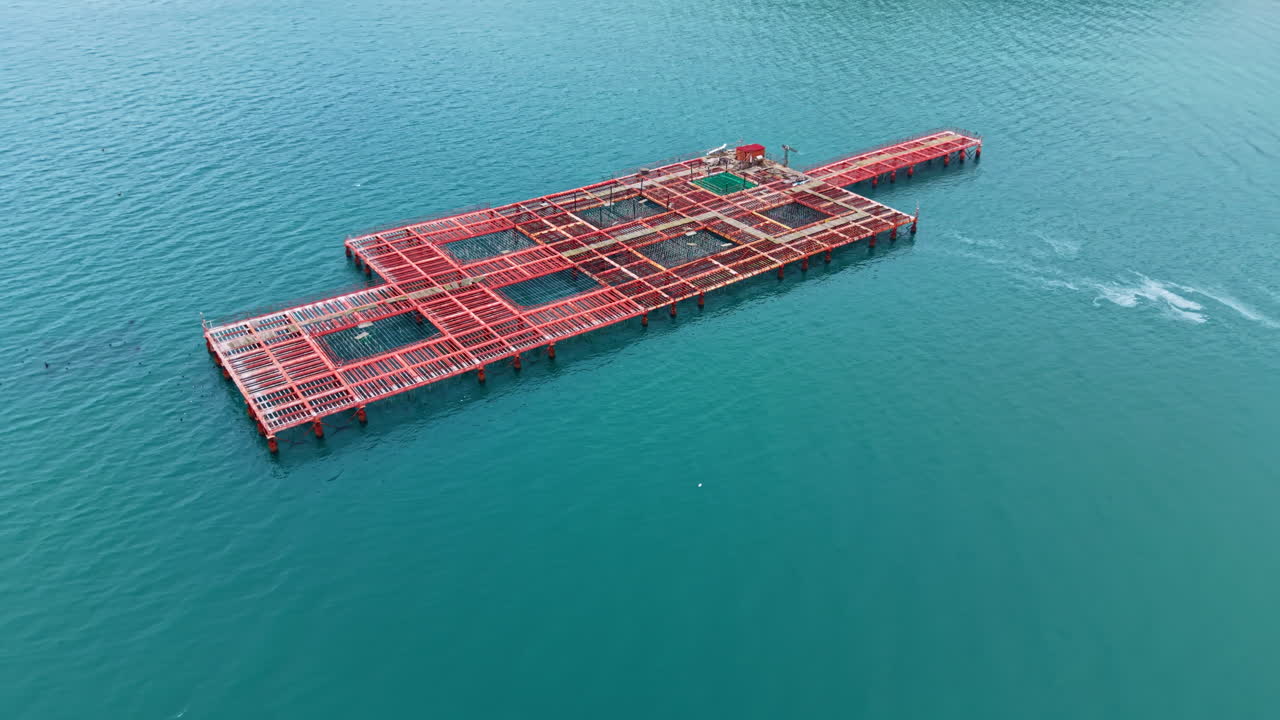 Mussel farm located in the sea shows rows of structures used for growing shellfish during daytime in calm waters