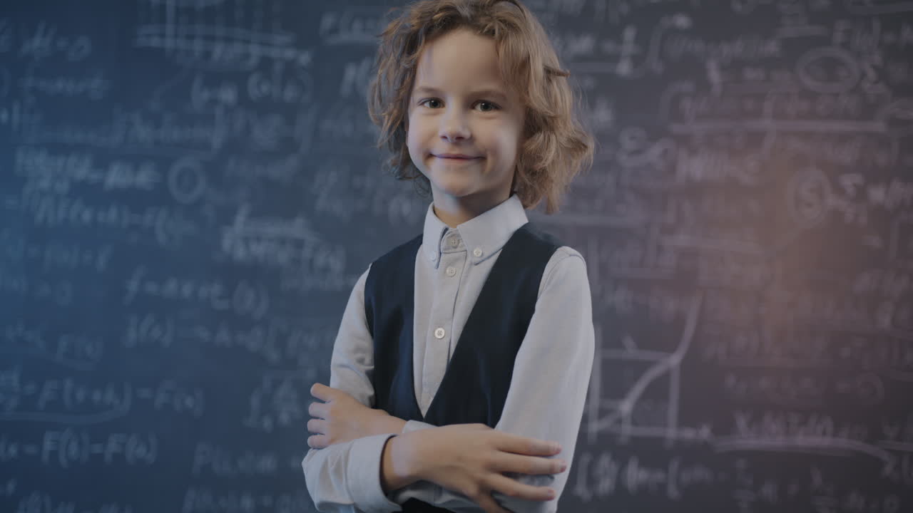 Smiling Boy Student in Front of Chalkboard with Equations
