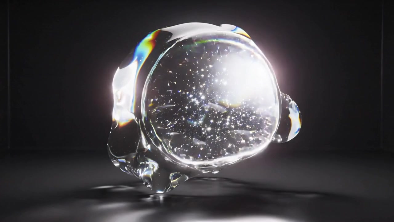 Une gouttelette de verre en rotation flotte au-dessus du sol dans un caisson de studio sombre, révélant des bulles intérieures sous la lumière.