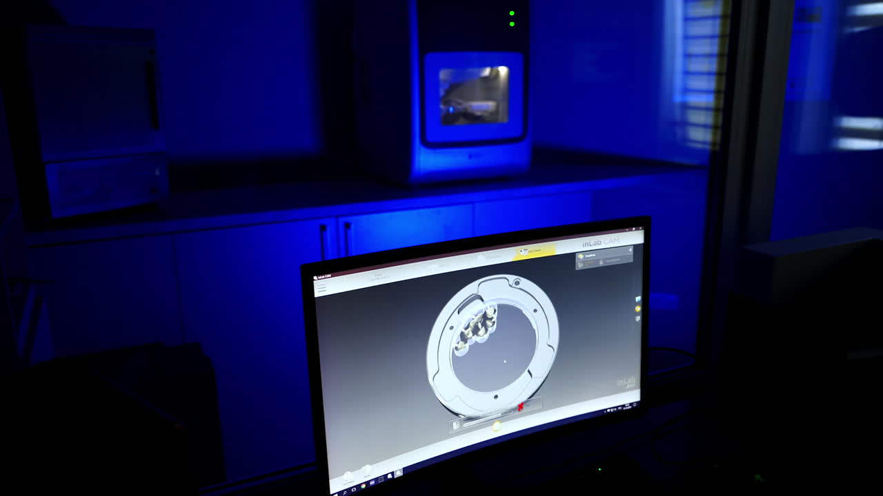 Dental technician making dental crown. Dental machinery for milling prosthesis and crowns