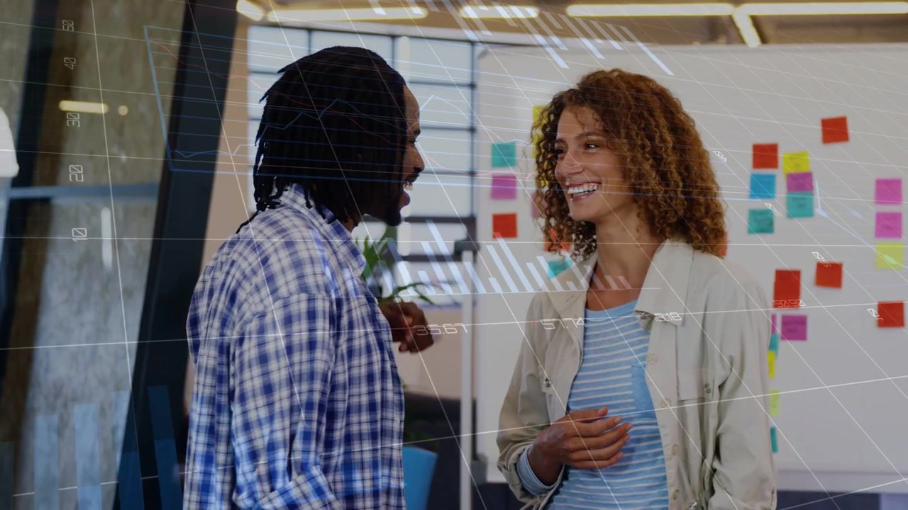 Woman starting work talking while man listening, whiteboard of sticky notes and grid marking ideas