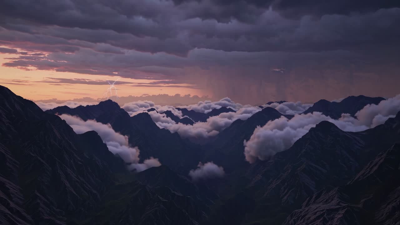 Aerial video of rugged mountains shrouded in clouds at dusk, capturing a dramatic and serene