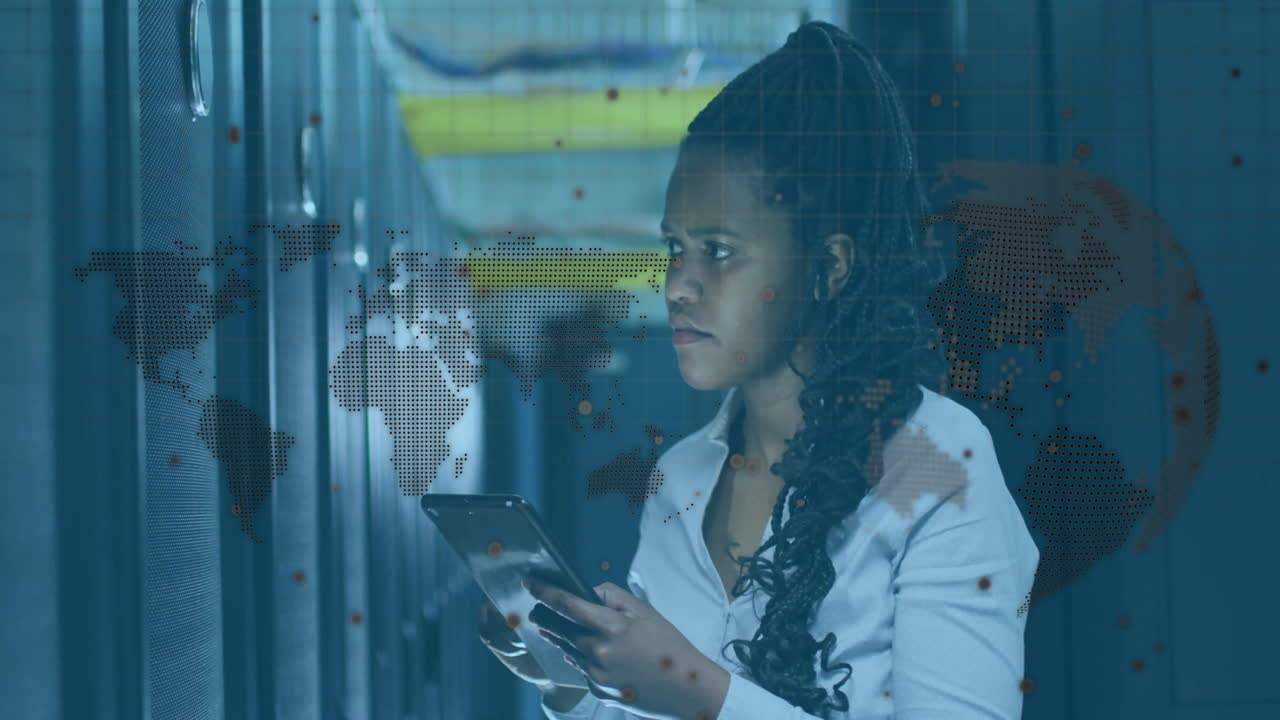 Using tablet in server room, woman interacting with digital animation map