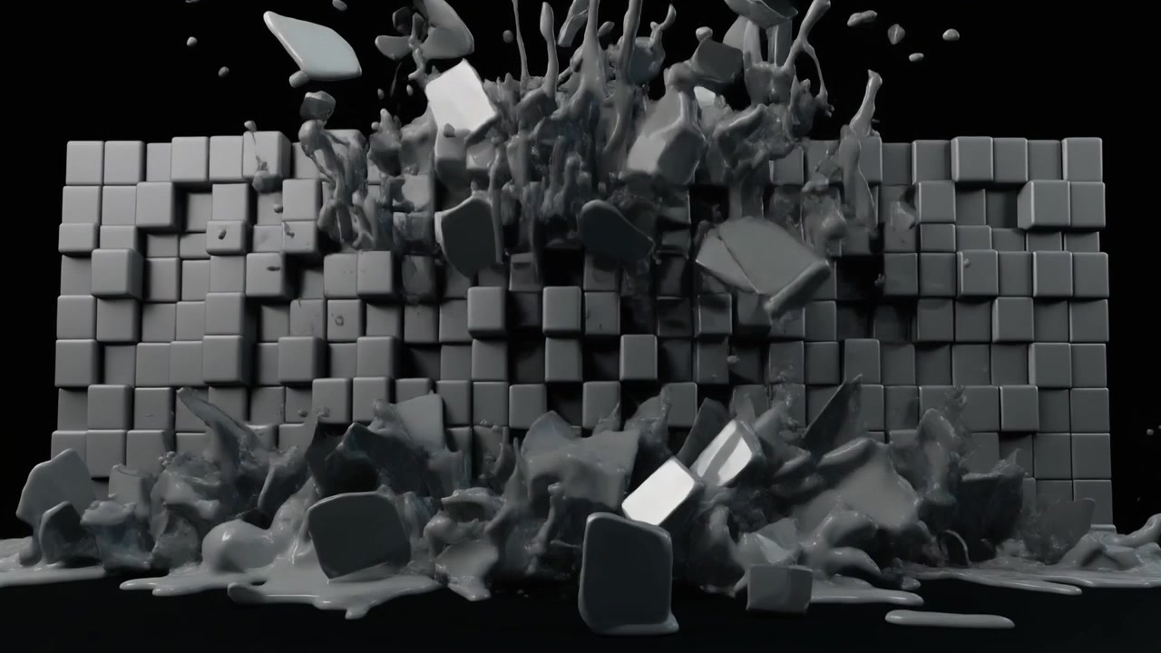 Абстрактная 3D-анимация стены из кубов, тающей и разрушающейся