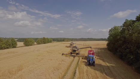 Birdseye-view-of-a-combine-harvester-unloading-wheat-onto-a-tractor-trailer-on-a-wheat-field-during-harvest-season