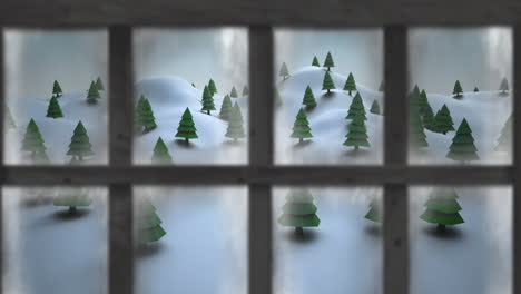 Wooden window frame against multiple trees on winter landscape