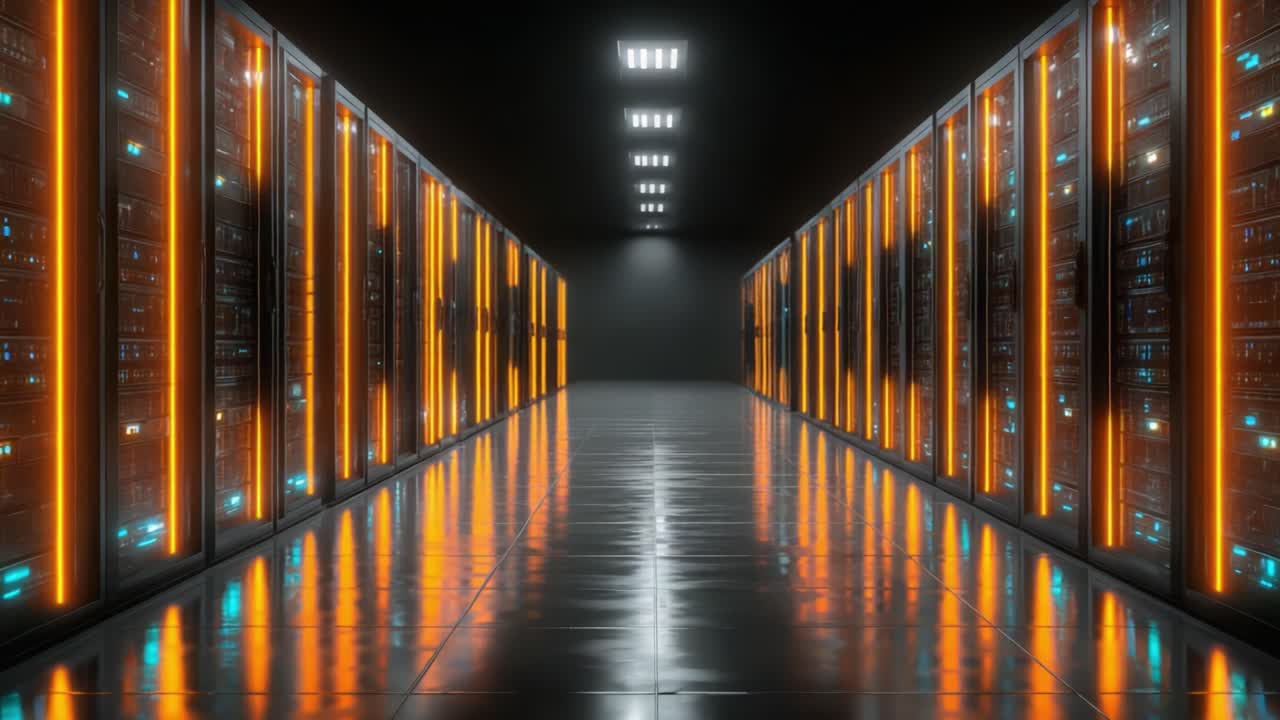 A Stunning Glimpse into a Modern Data Center: A Visual Journey Through Rows of High-Tech Servers with Glowing Panels and Reflective Flooring