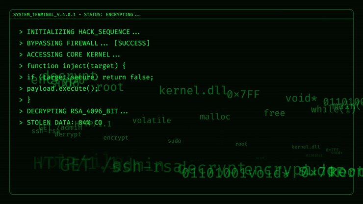 Computer Terminal Displaying Hacking Code and System Security Breach