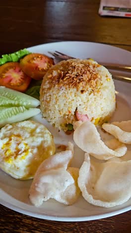 nasi goreng or fried rice with prawn chips on plate in indonesia. vertical