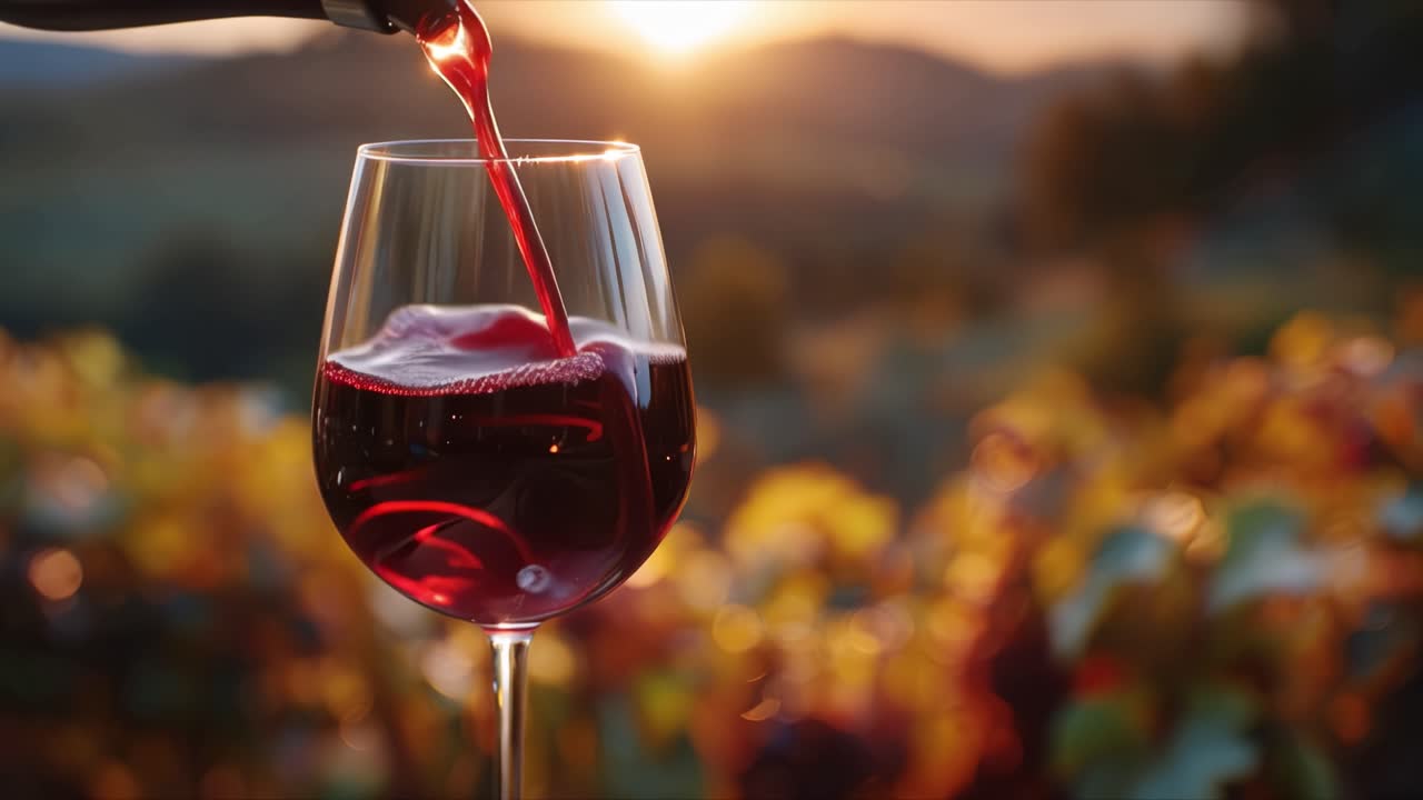 Golden light streams through the vineyard's haze. Red wine pours into a glass with grace. Bubbles rise, catching the sunset's glow. The scene whispers of quiet luxury and warmth