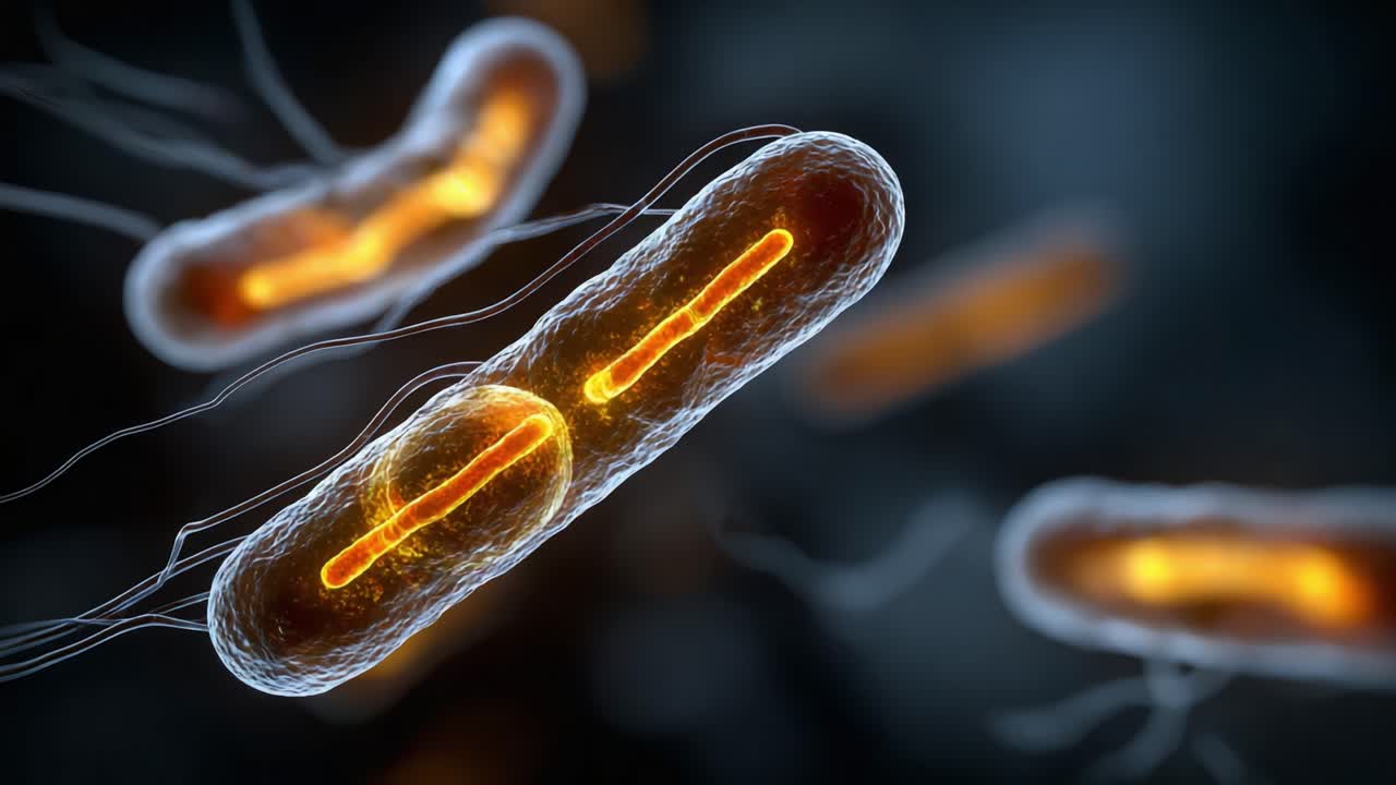 Visualizzazione drammatica della divisione cellulare batterica, che mostra la struttura complessa e i dettagli intricati dei microrganismi sotto una lente microscopica